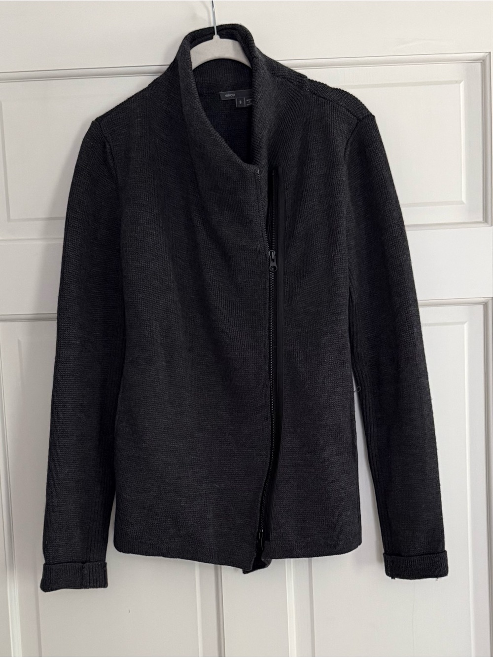 Vince Charcoal Gray Zip-Front Knit Bomber Jacket